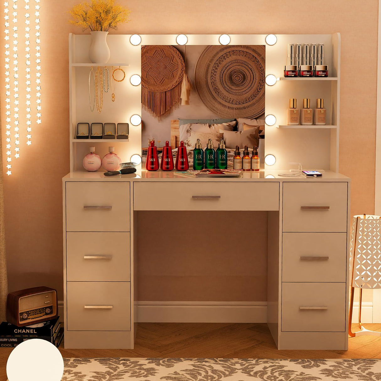 Quimoo Large Vanity Desk with LED Lighted Mirror & Power Outlet,Makeup Vanity Table with 7 Drawers,4 Shelves and 5 Hooks,Vanity Table, Vanity Desk Set for Bedroom,Bathroom,White Quimoo