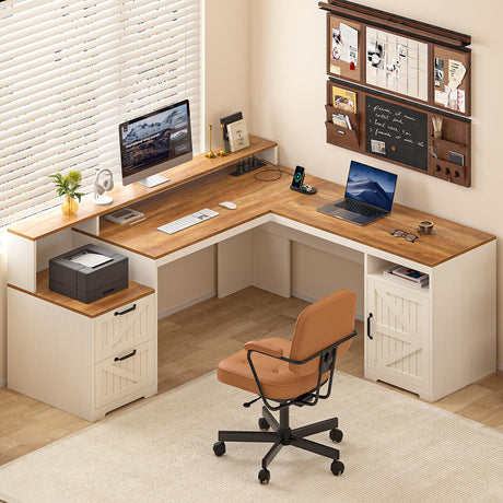 YOMILUVE 63" Farmhouse L Shaped Executive Desk with Drawers & Storage Shelf, Corner Computer Desk with Power Outlets, L Shaped Office Desk with Monitor Stand, Printer Shelf, Antique White YOMILUVE