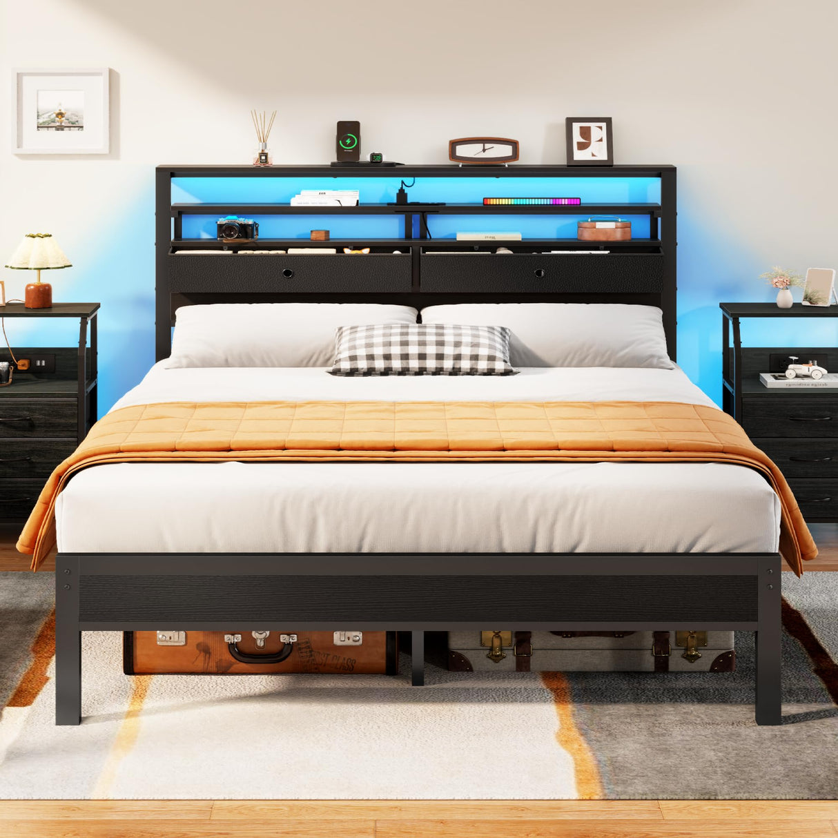 Furnulem Full Size Bed Frame with Headboard & 2 Fabric Drawers, Full Platform Bed Featuring LED Lights, Built-in Charging Station & Storage Shelves, Metal Slats, No Box Spring Needed – Black Oak Furnulem