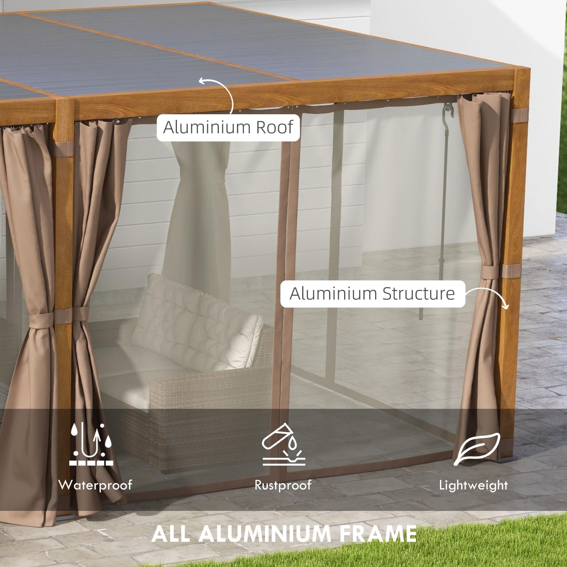 Outsunny 12' x 19' Louvered Pergola Hardtop Gazebo with Adjustable Aluminum Roof and Frame, Outdoor Pergola with Curtains and Netting, for Garden, Lawn, Backyard, and Deck, Wood-Like - WoodArtSupply