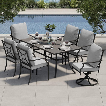 Grand patio 7-Piece Outdoor Dining Set for 6, E-Coated Patio Dining Set 4 Fixed & 2 Swivel Chairs with Olefin Cushions,Square Faux Woodgrain Table with Umbrella Hole - WoodArtSupply