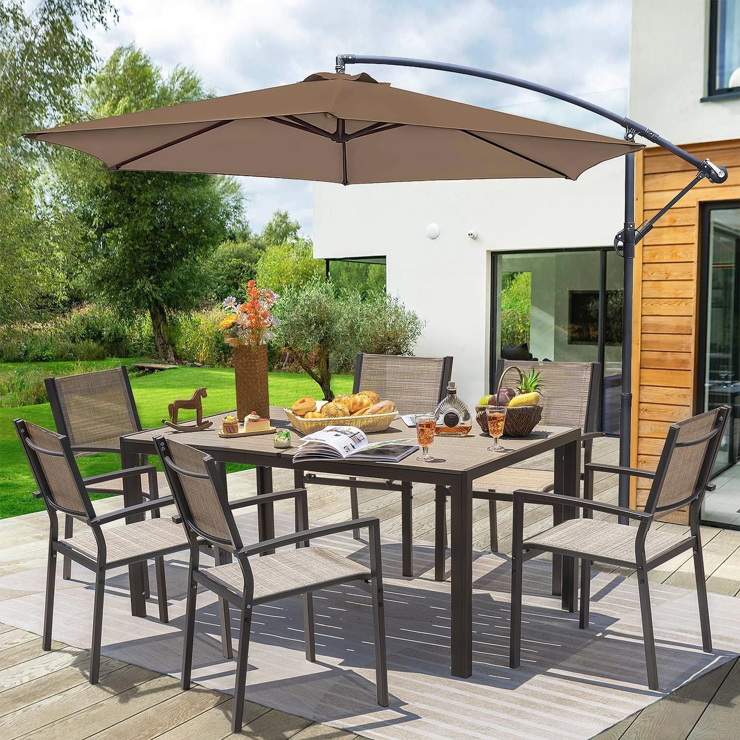 Homall Patio Dining Set 7 Pieces Outdoor Furniture with Large Table and 6 Textilene Chairs for Porch, Brown - WoodArtSupply