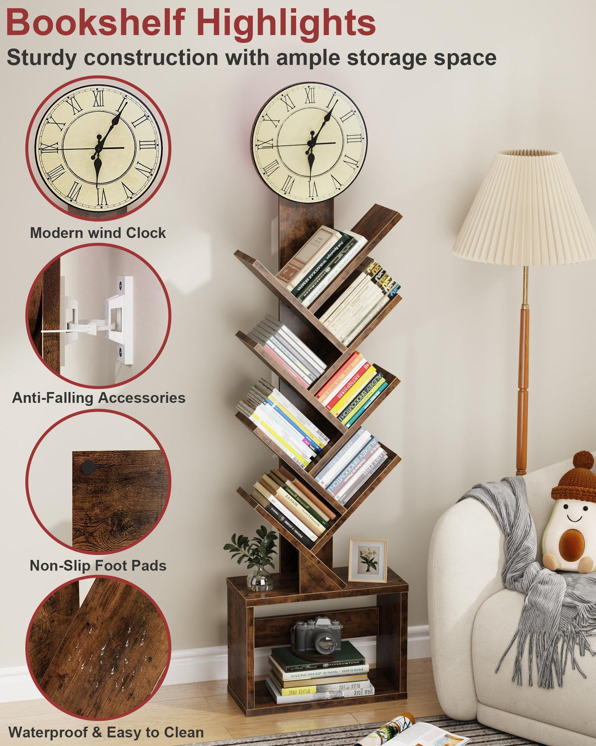 HIGDBFE 7 Tier Tree Bookshelf with Clock and Storage Cabinet, Small Narrow Floor Standing Bookcase for Bedroom, Living Room, Home Office, Rustic Brown HIGDBFE