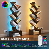 Yoobure Tree Bookshelf with LED Light, 6 Tier Book Shelf, Small Bookcase Narrow Bookshelves with Storage, Wood Book Case Organizer for CDs/Books, Floor-Standing Rack for Bedroom, Office, Rustic Brown Yoobure