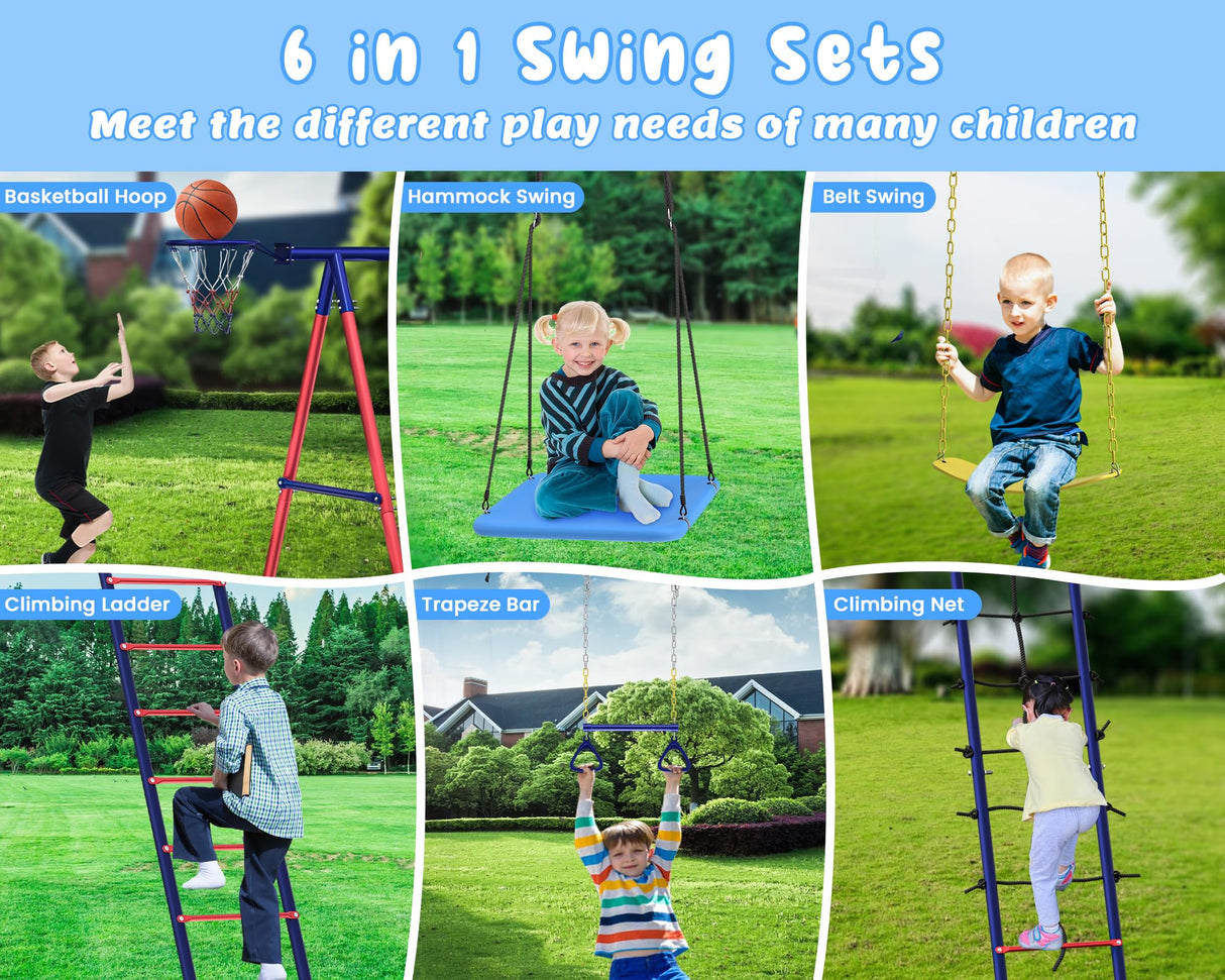 Swing Sets for Backyard, 6 in 1 Multifunction Swing Set Outdoor for Kids 3-12, Heavy Duty Metal Swing Sets with 2 Swings Climbing Ladder and Nets, Trapeze Bar, Basketball HoopPlayset BUPPLEE