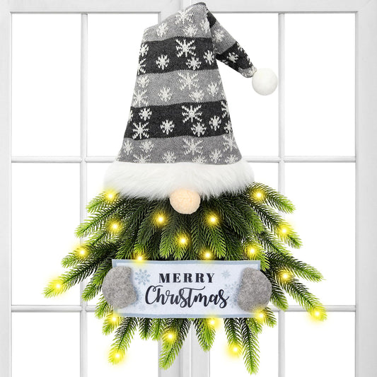 Christmas Wreath for Front Door, Lighted Gnome Christmas Door Wreath, Artificial Santa Xmas Hanging Sign for Door Window Wall Decorations Farmhouse Christmas Home Decor (Silver)