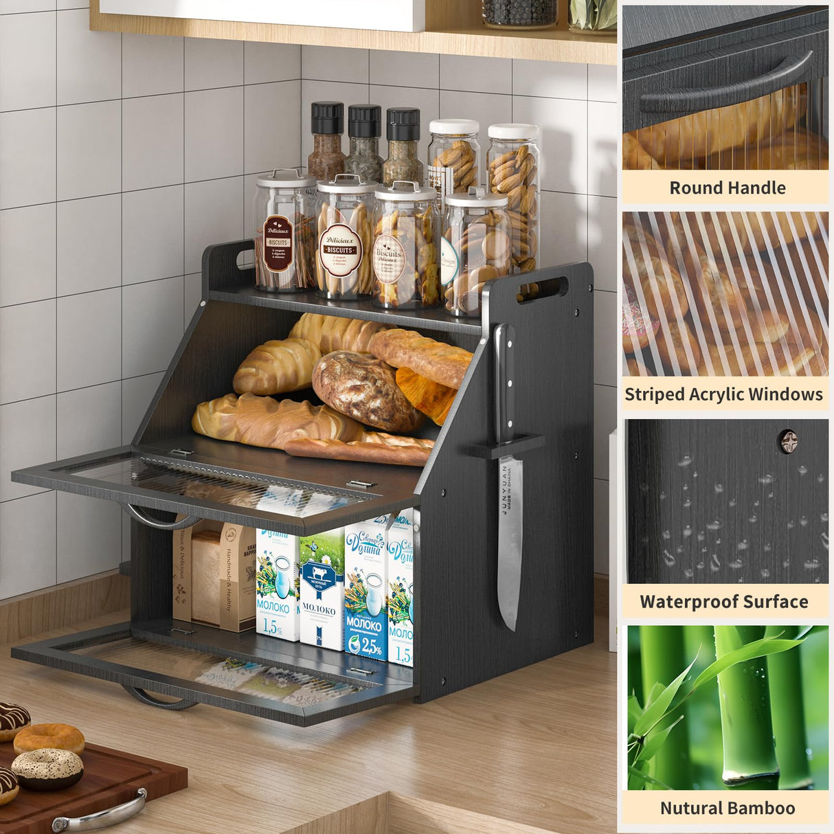 Bread Box, Bread Box for Kitchen Countertop, Large Bread Storage Container for Homemade Bread, Wooden Farmhouse Breadbox Organizers, Double Layer Bread Bin with Acrylic Window Bread Holder,Black TQQDCI