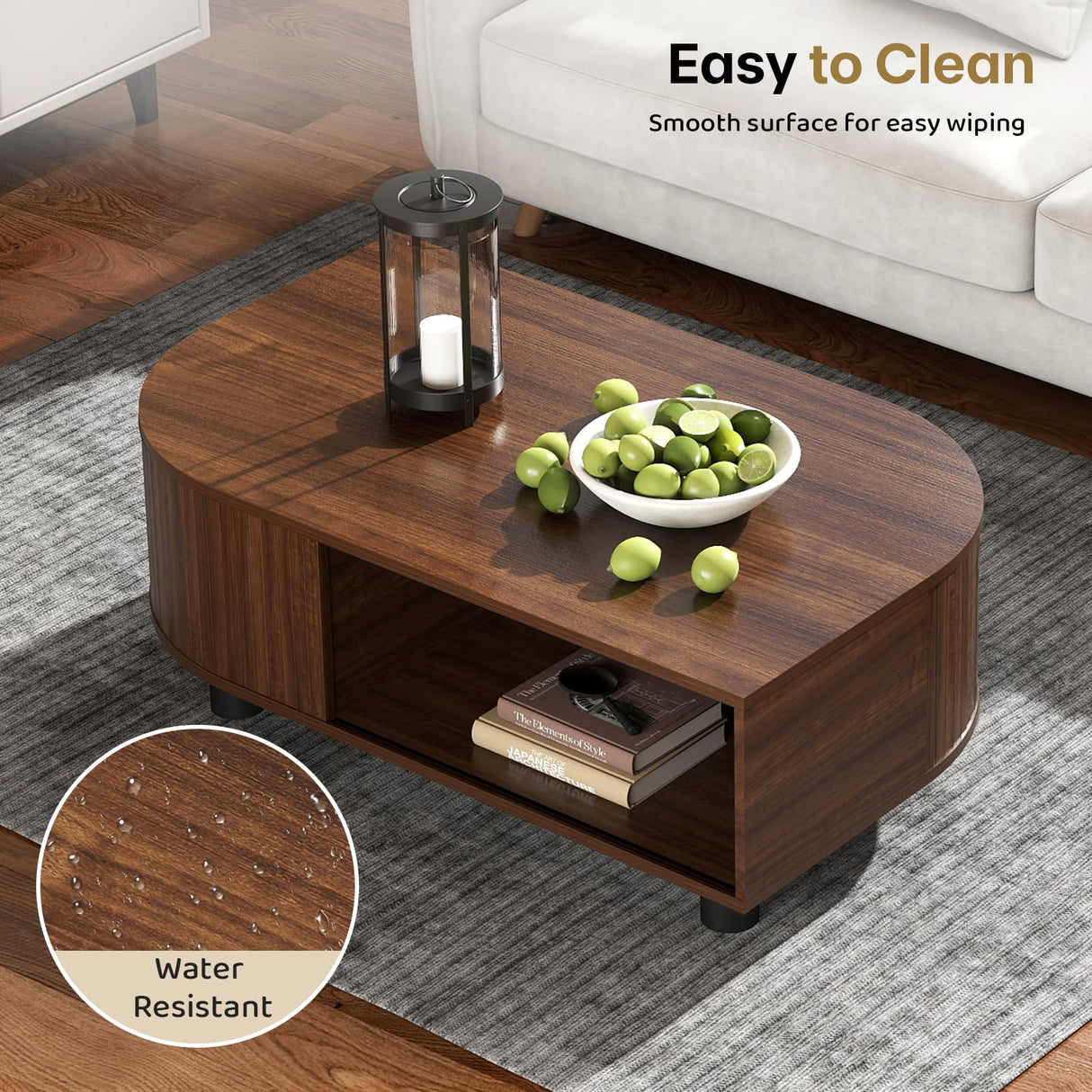 sunmiler Mid-Century Modern 39.4" Coffee Table - Leaf-Shaped Wood Center Table with Storage, Retro Fluted Central Table with Sliding Door & Large Hidden Compartment, for Living Room, Office, Walnut sunmiler