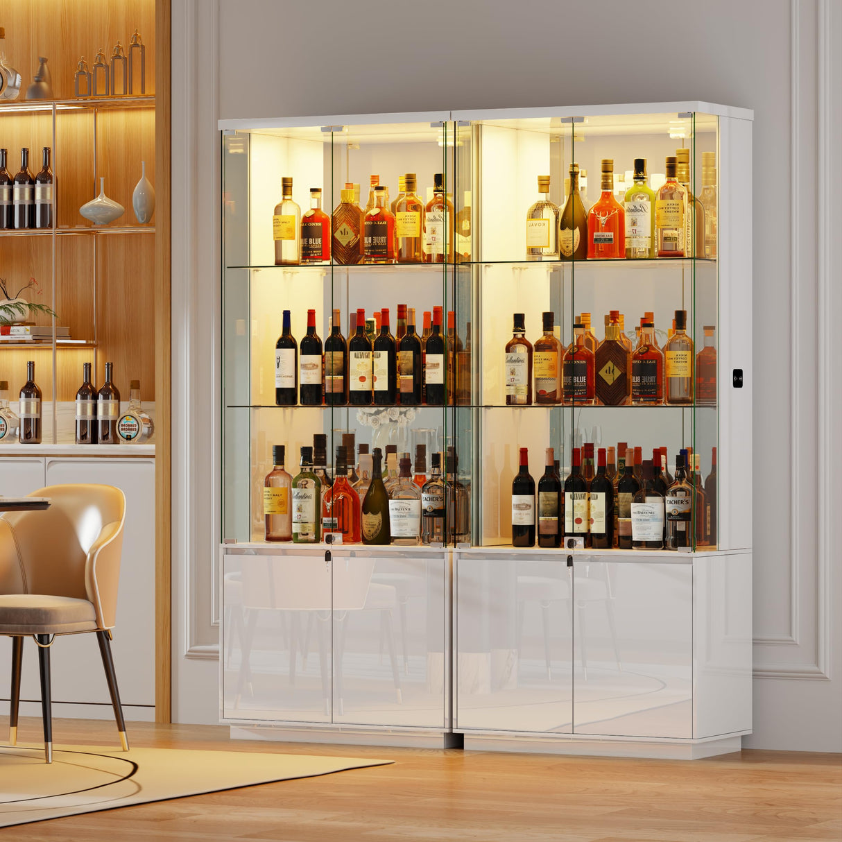 HNEBC 71'' Display Cabinet with Glass Doors&3 Color Lights&Lockable for Bedroom White,High Gloss Curio Cabinet with Adjustable Glass Shelf 3-Tier Bookcase for Living Room HNEBC