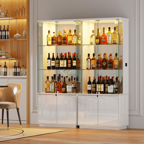 HNEBC 71'' Display Cabinet with Glass Doors&3 Color Lights&Lockable for Bedroom White,High Gloss Curio Cabinet with Adjustable Glass Shelf 3-Tier Bookcase for Living Room HNEBC