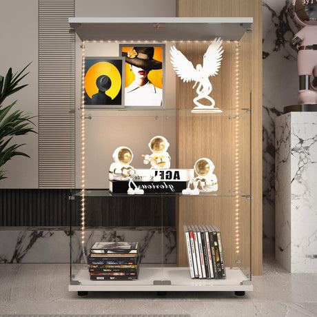 Maxtude 49.17" Tall Tempered Glass Display Cabinet with LED Lights, Curio Cabinet with 3 Shelves with 2 Door, Quick-Install Style Floor Standing Bookshelf File Cabinet for Living Room Office Maxtude