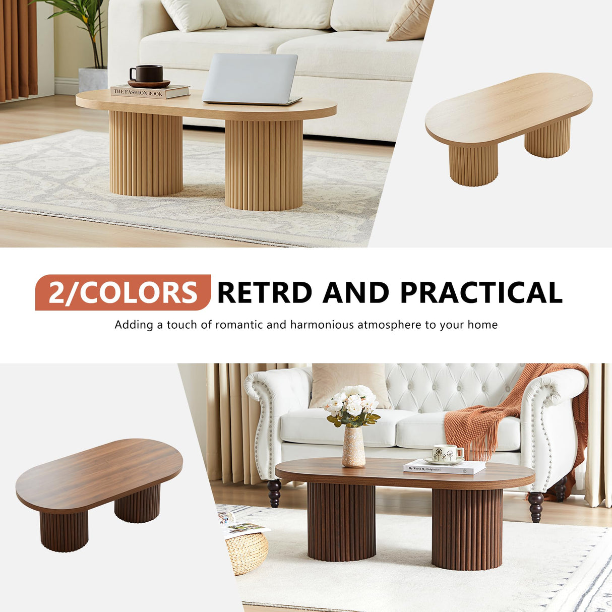 RUSTYER Oval Fluted Coffee Table, Farmhouse Wood Coffee Table Mid Century Modern Center Table Boho Living Room Tables for Living Room Office (Walnut, 19.69" D x 39.38" W x 13.78" H) RUSTYER