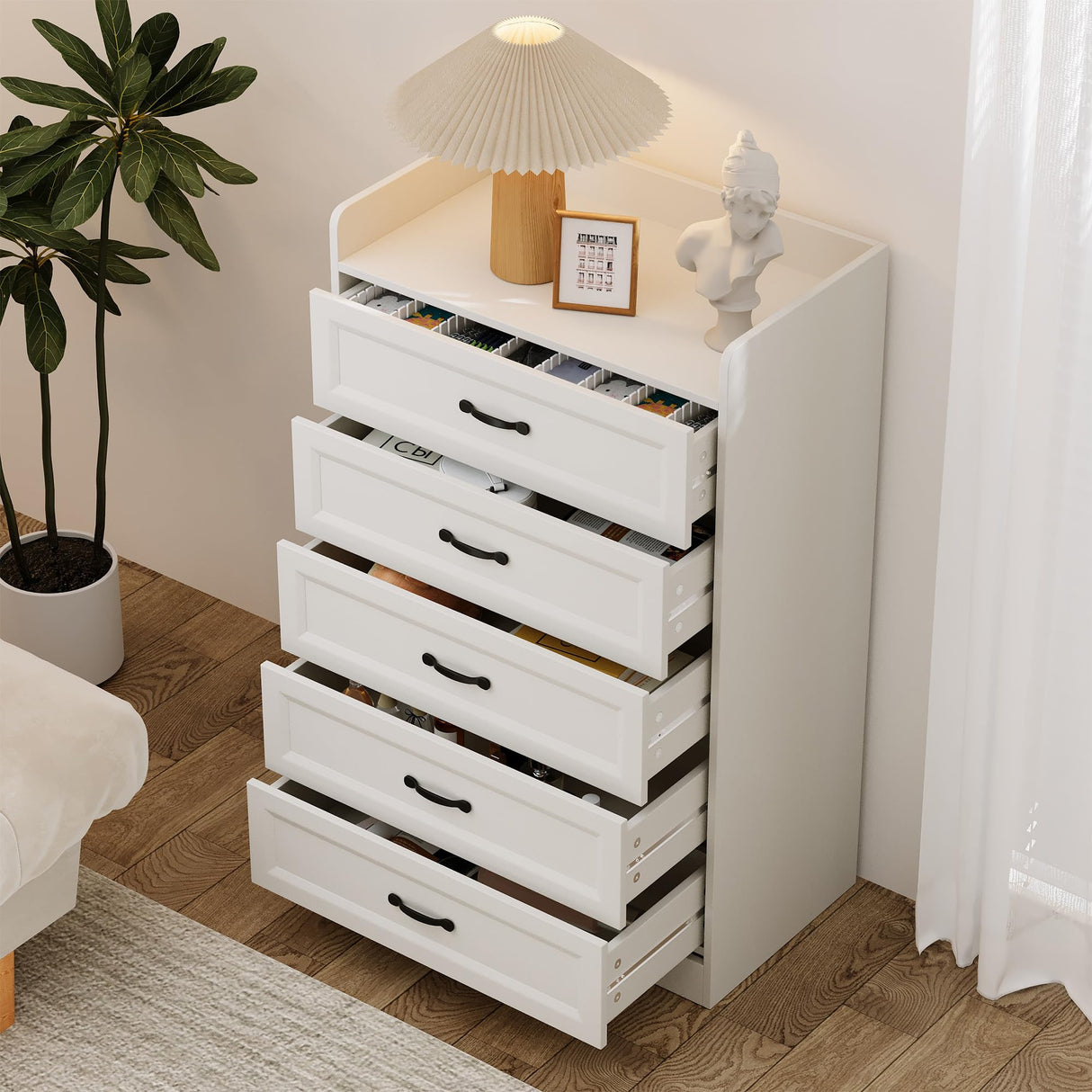 Gizoon 5 Drawers Dresser, 44.3" H Dresser for Bedroom, Chest of Drawers with Large Storage Capacity, Modern 5 Drawer Chest with Smooth Rail, Handles, Anti-tilt Device, for Hallway, Living Room, White Gizoon