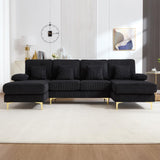 VYNELITO U Shaped Sectional Sofa Couch, 4 Seat Sofa with Double Chaise Lounge for Living Room, 104" Comfy Corduroy Couch with USB and Lights, Black Corduroy VYNELITO