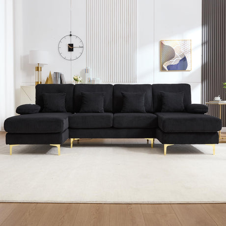 VYNELITO U Shaped Sectional Sofa Couch, 4 Seat Sofa with Double Chaise Lounge for Living Room, 104" Comfy Corduroy Couch with USB and Lights, Black Corduroy VYNELITO