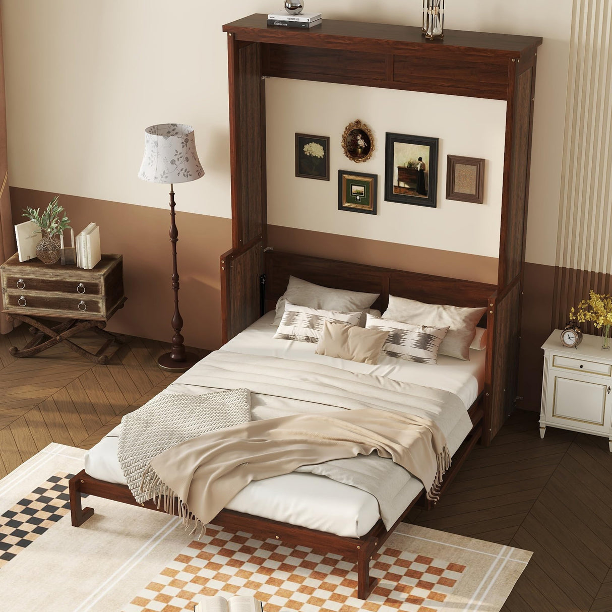 LUMISOL Murphy Bed Queen Size, Hidden Wall Bed Frame with Desk, Solid Wood Cabinet Bed Frame with Gas Struts, No Box Spring Needed, Walnut LUMISOL