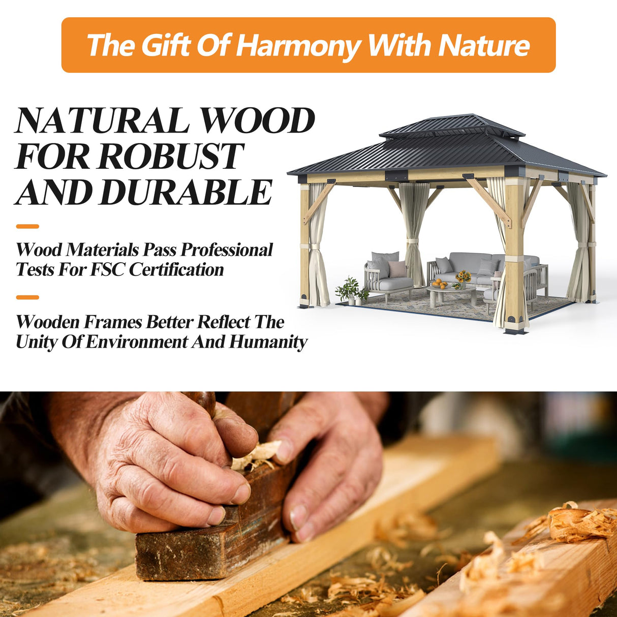 GARTOO 11’x13’ Patio Wooden Gazebo, Galvanized Steel Roof Gazebo & Privacy Curtains and Netting, Double Vented Roof Hardtop Gazebo for Garden, Porch, Lawn, Poolside, Backyard, Deck GARTOO