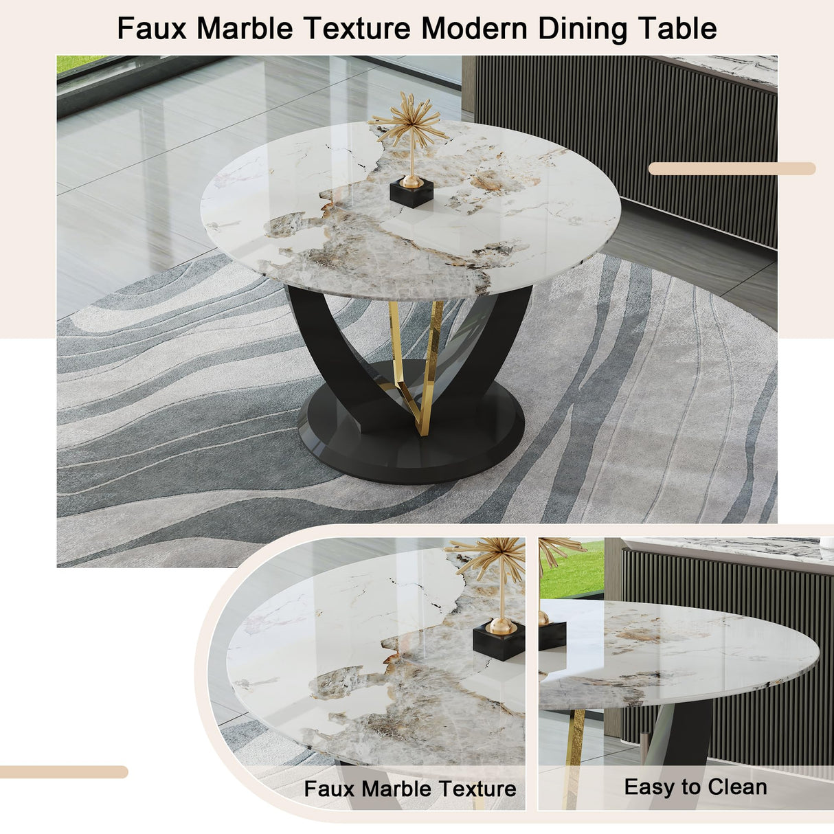 JUFU Round Dining Table Set for 4, 48" Dining Room Table with Faux Marble Tabletop and 4 Upholstered Chairs,Modern Round Kitchen Table Chairs Set for Dinning Room, Living Room, Cafe, Restaurant JUFU