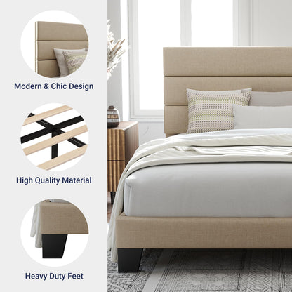 Allewie King Size Upholstered Bed Frame with Wooden Slats - No Box Spring Required, Easy Assembly in Beige - WoodArtSupply