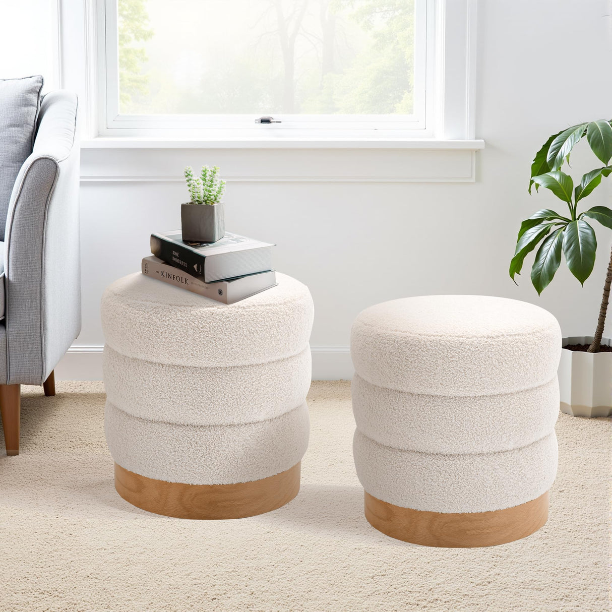 COLAMY Sherpa Ottoman Footstool, Tufted Modern Foot Rest Stool with Wood Base for Living Room, Bedroom, Desk, Round Versatile Side End Table, Pouf, Makeup Seat,2pcs,Cream COLAMY
