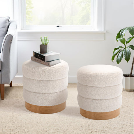 COLAMY Sherpa Ottoman Footstool, Tufted Modern Foot Rest Stool with Wood Base for Living Room, Bedroom, Desk, Round Versatile Side End Table, Pouf, Makeup Seat,2pcs,Cream COLAMY