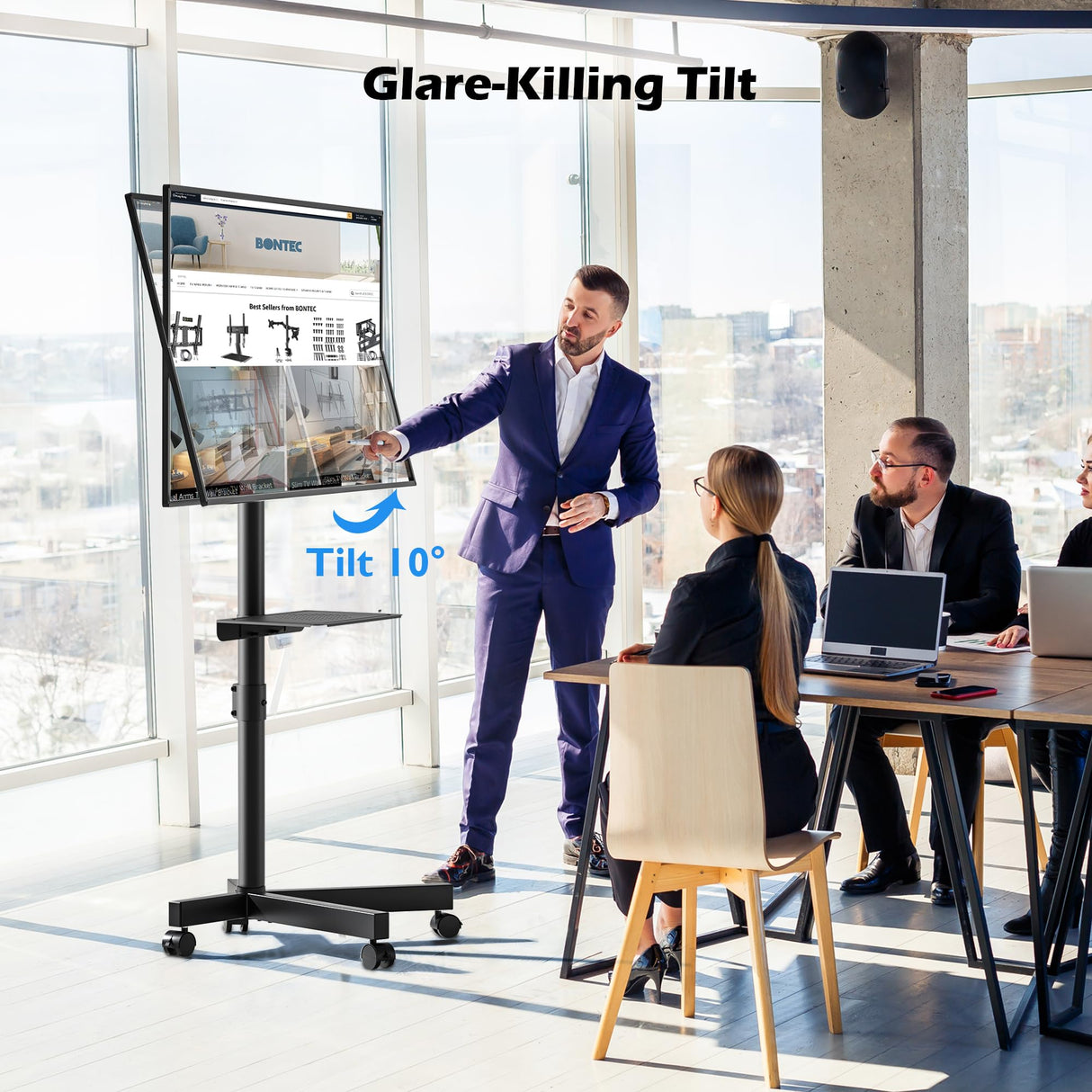 BONTEC Mobile TV Stand, Tilt Rolling TV Cart with Media Shelf and Locking Wheels, Fits 23-60” LED, LCD, OLED Flat Curved TVs, Holds Up to 55lbs, Max VESA 400x400mm BONTEC