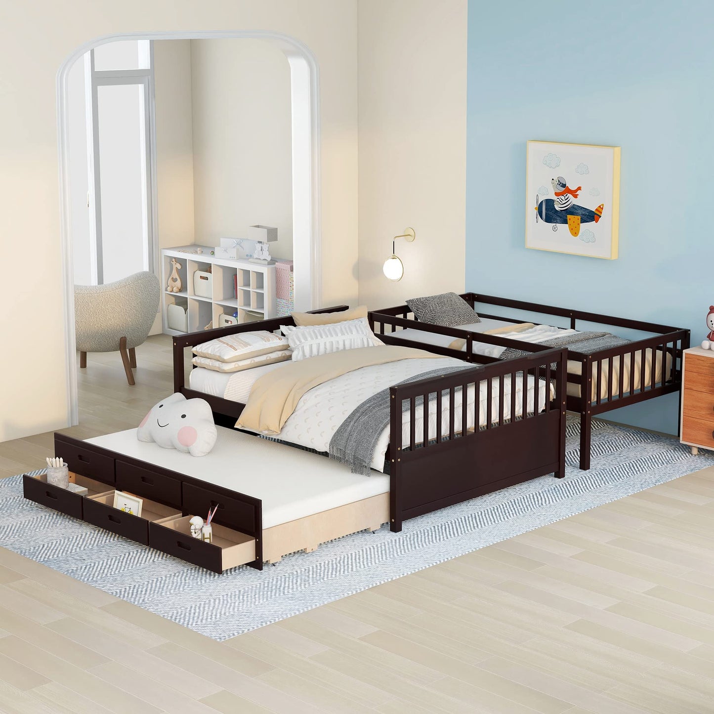 Linique Espresso Twin-Over-Full Bunk Bed with Trundle and 3 Storage Drawers - WoodArtSupply