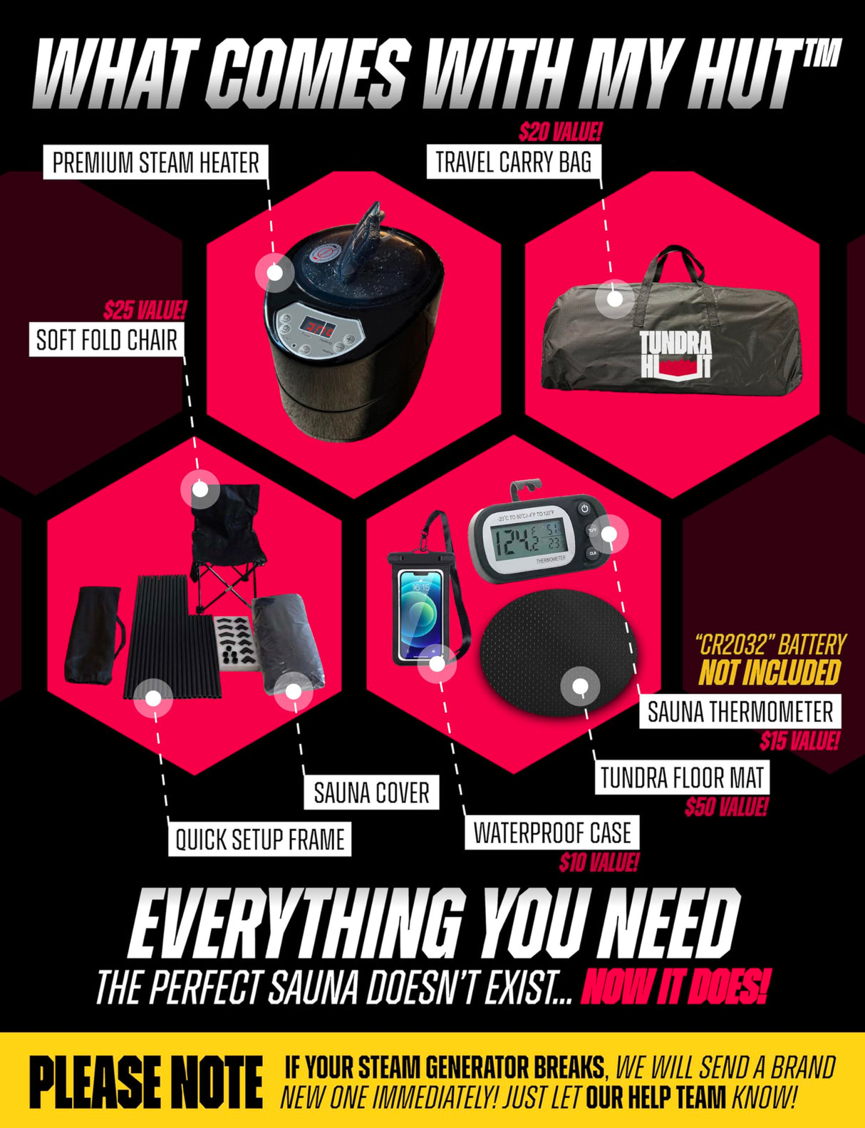 TUNDRA HUT XL Portable Home Sauna for Wellness & Relaxation | Steam-Heated Hexagon Model | 60-Min Rapid Steam Room Generator, Floor Mat, Towel, Chair & More | 2-Min Setup | USA Athlete Founded (THSX1) TUNDRA TRIBE