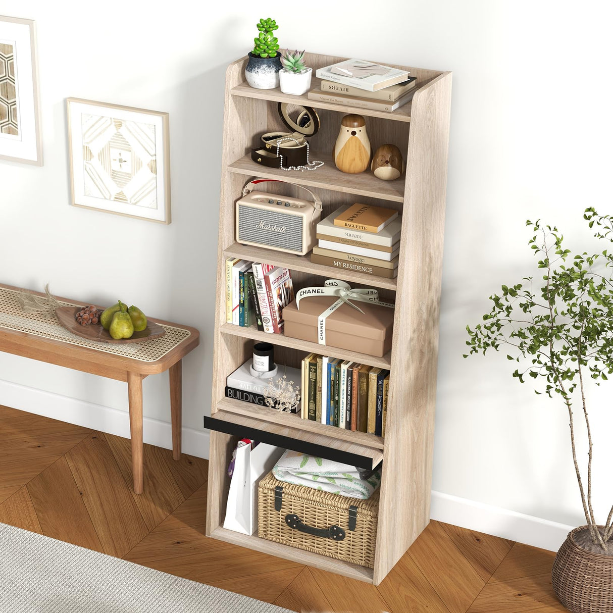 Tangkula Natural 6-Tier Bookcase with Adjustable Shelves and Flip-Up Door Tangkula
