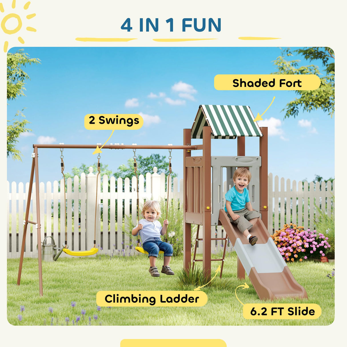 Qaba Kids Swing Set for Backyard, Playground Set with 6 FT Slide, 2 Adjustable Swings, Fort with Canopy, Ladder, Outdoor Playset with Ground Stakes for Ages 3-8, Brown Qaba