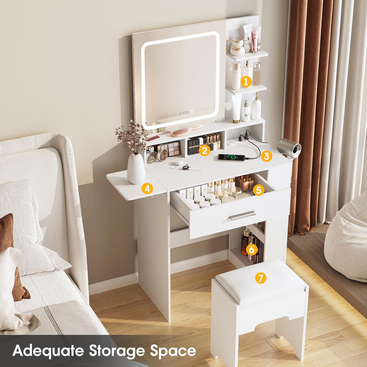 Fameill Vanity Desk with Mirror and Lights, Small Makeup Vanity with Drawer & Lots Storage Shelves, White Vanity Table with Charging Station & Time Display, Vanity Set with Chair, for Bedroom Fameill