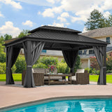 DWVO 12x16ft Gazebo Double Roof Hardtop with Nettings and Curtains, Heavy Duty Galvanized Steel Outdoor Vertical Stripes Roof for Patio, Backyard, Deck, Lawns, Grey DWVO