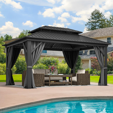DWVO 12x16ft Gazebo Double Roof Hardtop with Nettings and Curtains, Heavy Duty Galvanized Steel Outdoor Vertical Stripes Roof for Patio, Backyard, Deck, Lawns, Grey DWVO