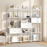 Nosepen 73.6" Tall Bookshelf with 3 Drawers and 16 Storage Shelves, Industrial Bookcase with 16 Open Display Shelves, Large Etagere Bookshelf, Triple Wide Book Shelf Book Case for Home & Office, White Nosepen