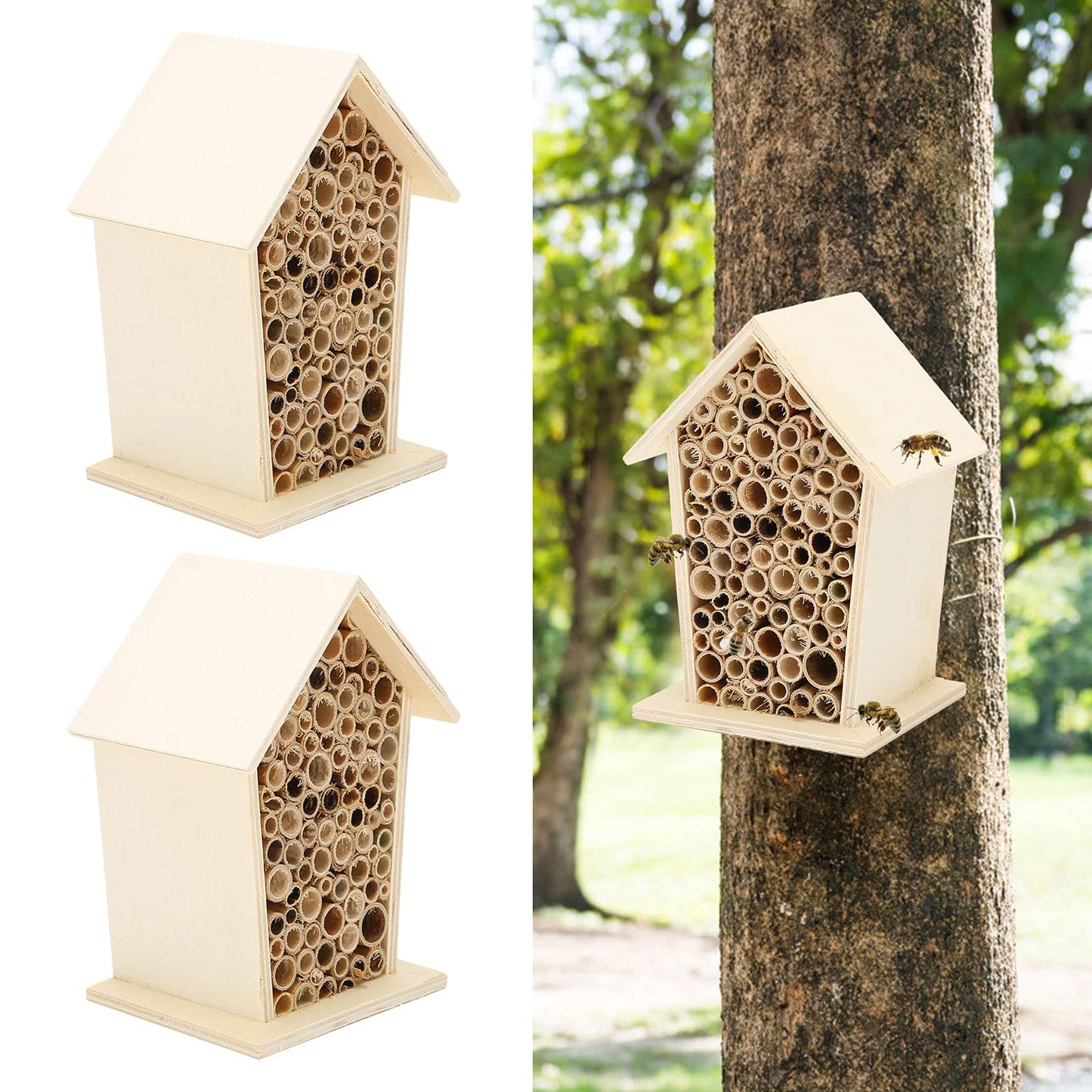 Native Hive Wooden Bee House, Natural Handmade Wooden Bee Box Habitat with Bamboo Tubes,Insect House Shelter for Attracting Peaceful Bee Pollinators (2PCS) - WoodArtSupply