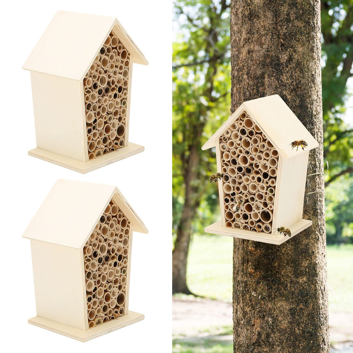 Alvinlite Mason Bee House - Handmade Natural Bamboo Bee Hive - Attracts Peaceful Bee Pollinators to Enhance Your Garden's Productivity Mason bee Alvinlite