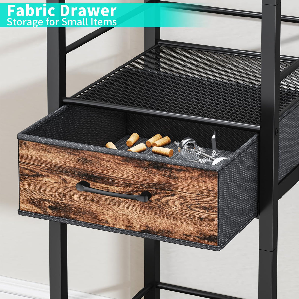 HapiRm Wine Rack Freestanding Floor - 4-Tier Stepped Liquor Cabinet Bar Stand for Home with Fabric Drawer, Wine & Glass Organizer for Living Room, Kitchen, or Dining Room HapiRm