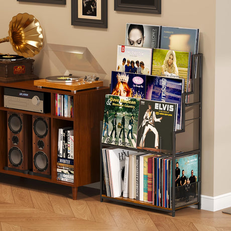 5-Tier Vinyl Record Storage Stand Holder with Record Display Shelf, Large Capacity Vinyl Organizer,250-320 Albums Storage Metal Record Rack for LP, CD, DVD, Magazine, Books Cottage Charm