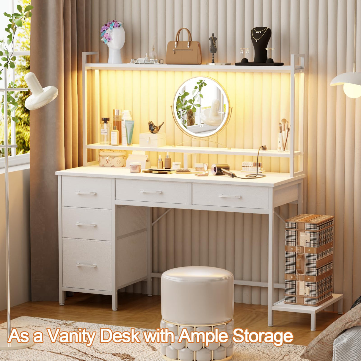 Korfile Computer Desk with Hutch, White Gaming Desk with Power Outlets & LED Ligthts & 5 Fabric Drawers, Home Office Desk with 2 Tiers Storage Shelves for Display, 47" PC Gamer Table for Bedroom Korfile