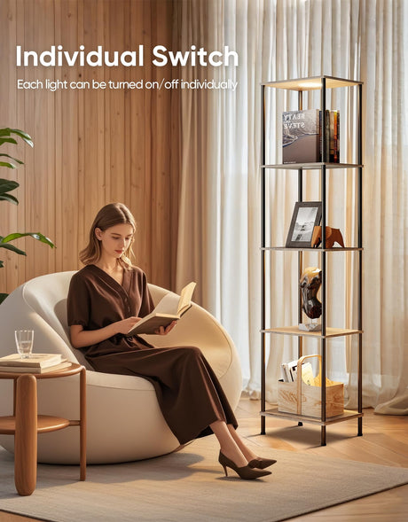 Display Shelf with RGBW Light, Color Changing Curio Cabinet Floor Lamp with Shelves Corner Standing Column Lamp Etagere Organizer Tower Nightstand Bookcase for Living Room Bedroom Office Décor, Gray PARTPHONER