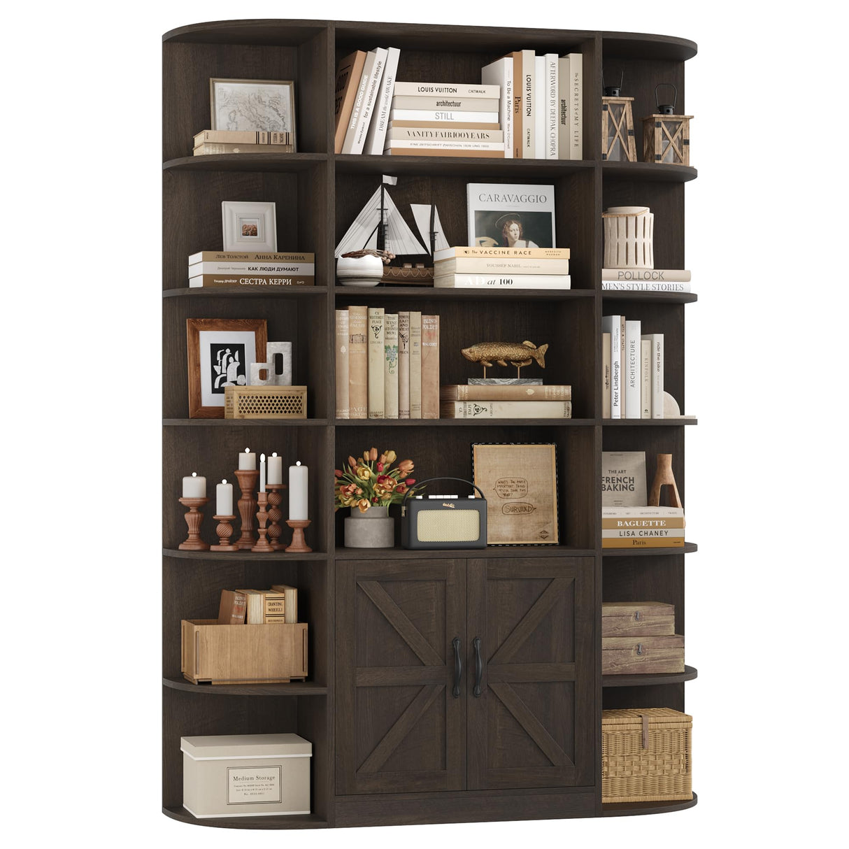 HOSTACK 75" Tall Book Shelf and Bookcase, 6 Tier Bookshelf with Storage, 47" Wide Bookcase with Doors, Freestanding Wood Display Shelves with Book Storage Cabinet for Home Office, Dark Brown HOSTACK