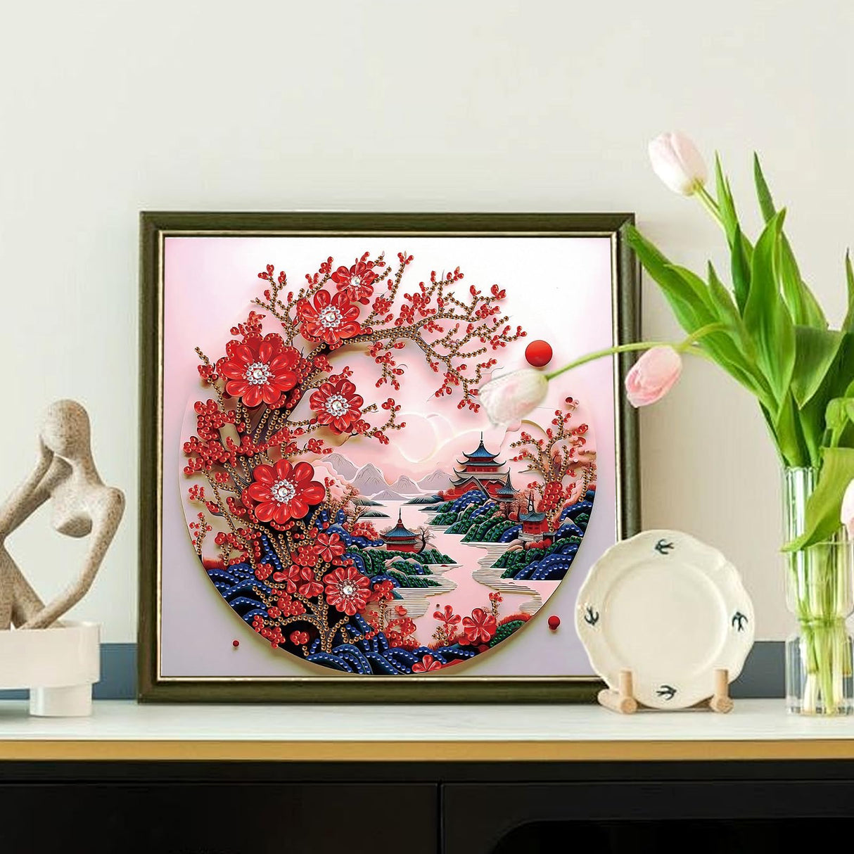 antor Special Shape Diamond Art Kit for Adults, 5D Diamond Painting Kits for Beginner, Crystal Rhinestone Landscape Painting with Red Plum Blossoms, DIY Diamond Painting for Home Wall Decor Gift antor