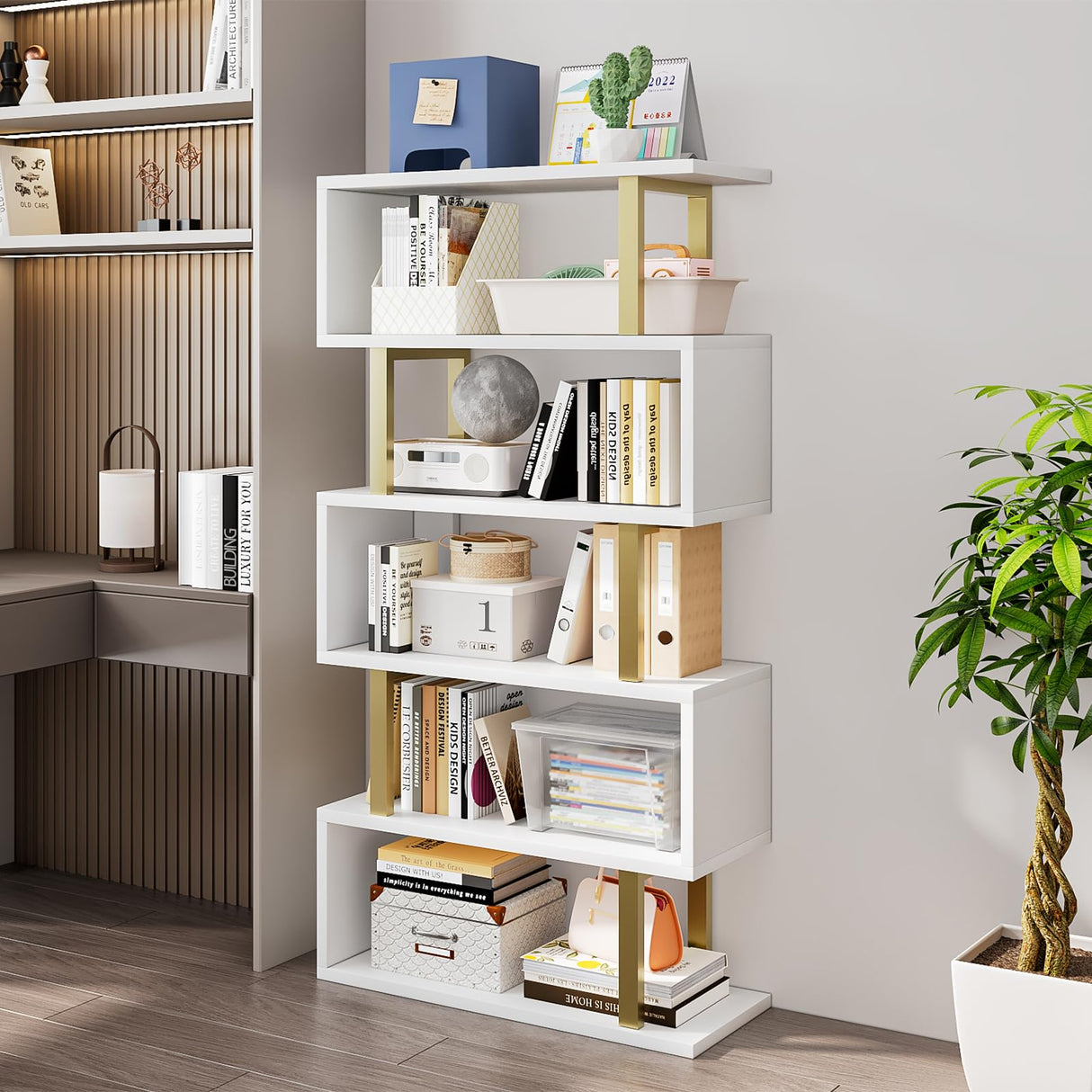 SORCEDAS Bookshelf Geometric Bookcase S Shaped Industrial Bookshelf Storage Display Stand Shelf for Living Room Bedroom and Office Room (White, 5 Tier) SORCEDAS