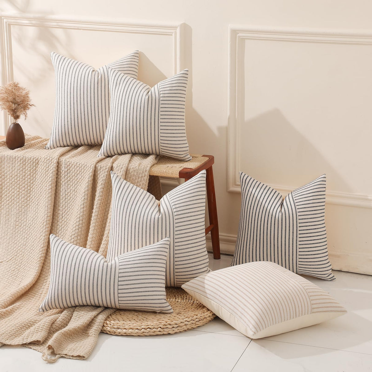 Hckot Set of 2 Farmhouse Throw Pillow Covers 18 x 18 Striped Linen Decorative Pillows Case for Sofa Couch Chair Bedroom Modern Decor(Grey) Hckot