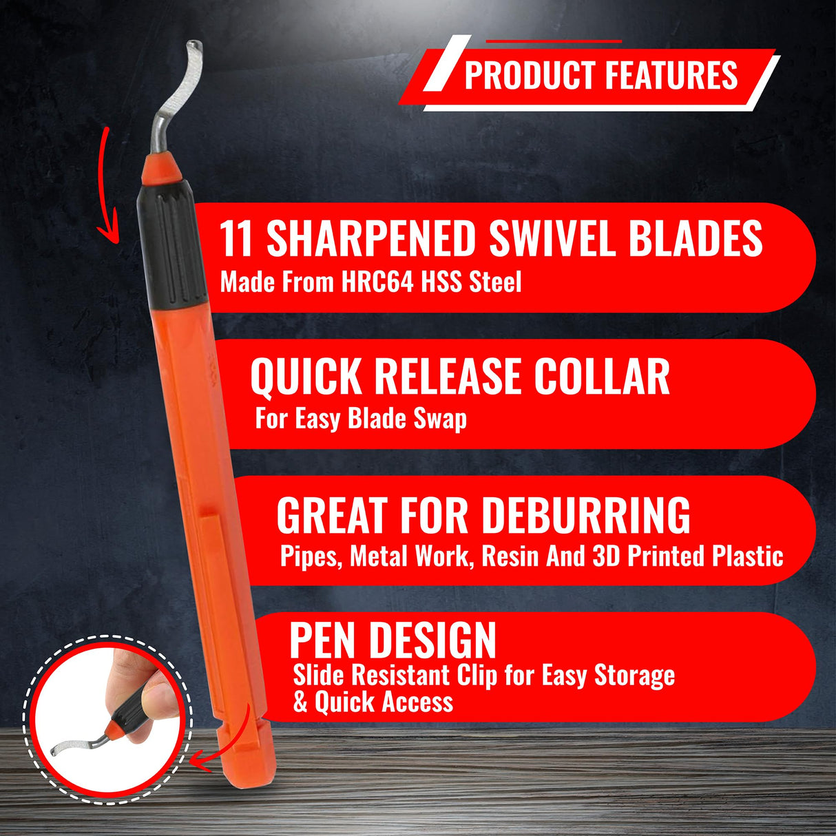 AFA Tooling - Deburring Tool with 10 Extra High Speed Steel Swivel Blades - Works on Metal, Resin, PVC Pipes, Copper, Plastic and 3D Printed Edges - Plumbing & 3D Printing Burr Removal Reamer Tool AFA Tooling Approved for Automotive