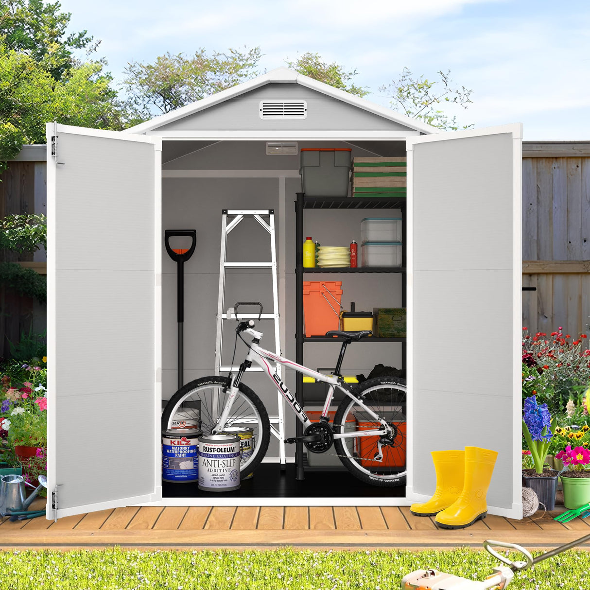 HUGROVE 6 * 4.4 FT Resin Outdoor Storage Shed Plastic Shed with Floor, Reinforced Floor for Patio Furniture, Gardening Tools, Lawn Mower, Plastic Garden Shed with Lockable Door for Backyard (Gray) HUGROVE