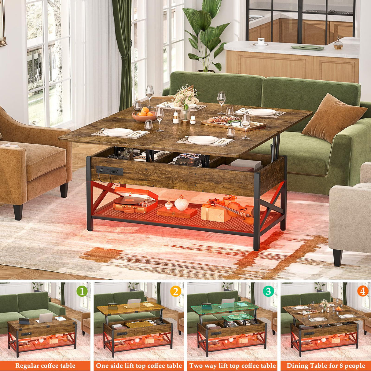 Aheaplus Coffee Table Lift Top with LED Light and Power Outlet, Multi-Function Coffee Table Converts to Dining Table, Center Table with Shelves for Living Room Reception Home Office, Rustic Brown Aheaplus