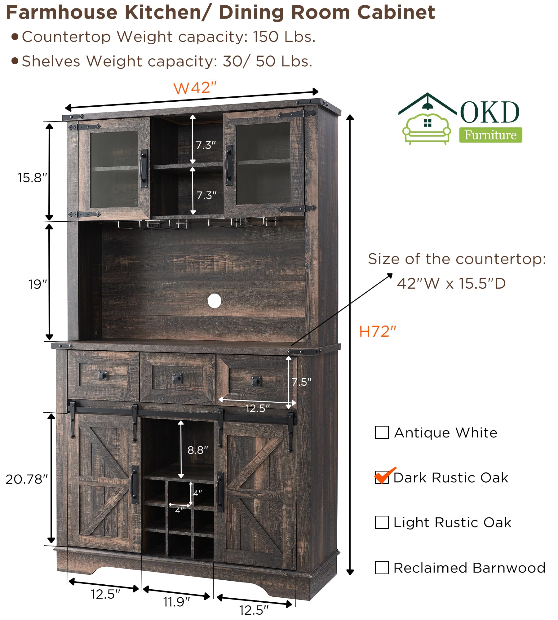 OKD 72" Farmhosue Bar Cabinet with Sliding Barn Door, Large Kitchen Buffet with Hutch w/Wine & Glasses Rack, 3 Drawers, 12 Storage Shelves, Rustic Coffee Bar Sideboard Table, Dark Rustic Oak - WoodArtSupply