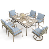 HAPPATIO 7-Piece Outdoor Dining Set for 6, Aluminum Patio Dining Set Includes 4 Dining Chairs, 2 Swivel Dining Chairs, and 1 Large Rectangular Table with Umbrella Hole, for Lawn Porch Backyard, Brown HAPPATIO
