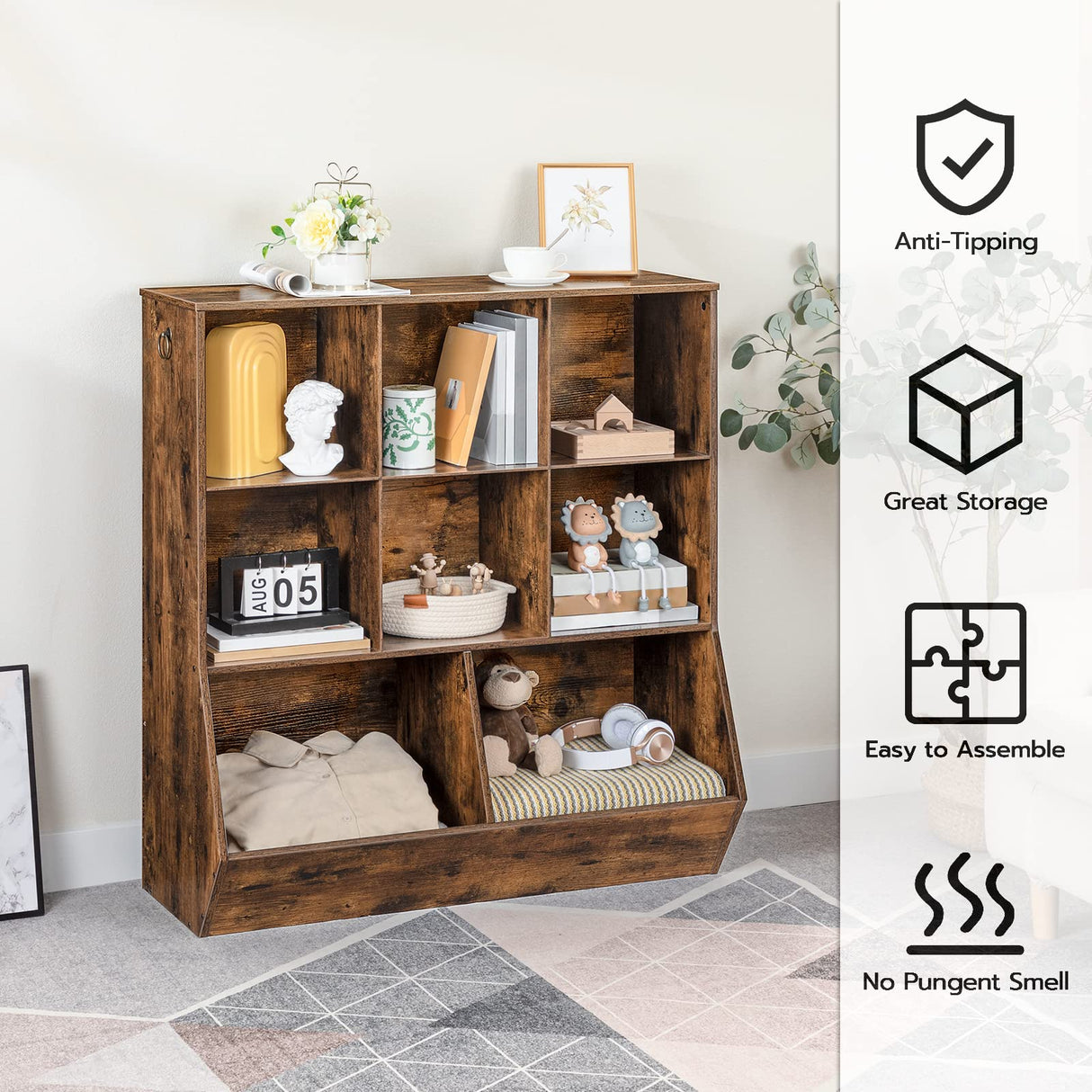 HOOBRO Rustic Brown Kids Bookshelf and Toy Storage Cabinet with 8 Cubicles HOOBRO